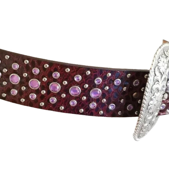 Ariat Burgundy Leather Bling Belt 26 Crystal Reptile Print Tooled Buckle Western - Picture 5 of 11
